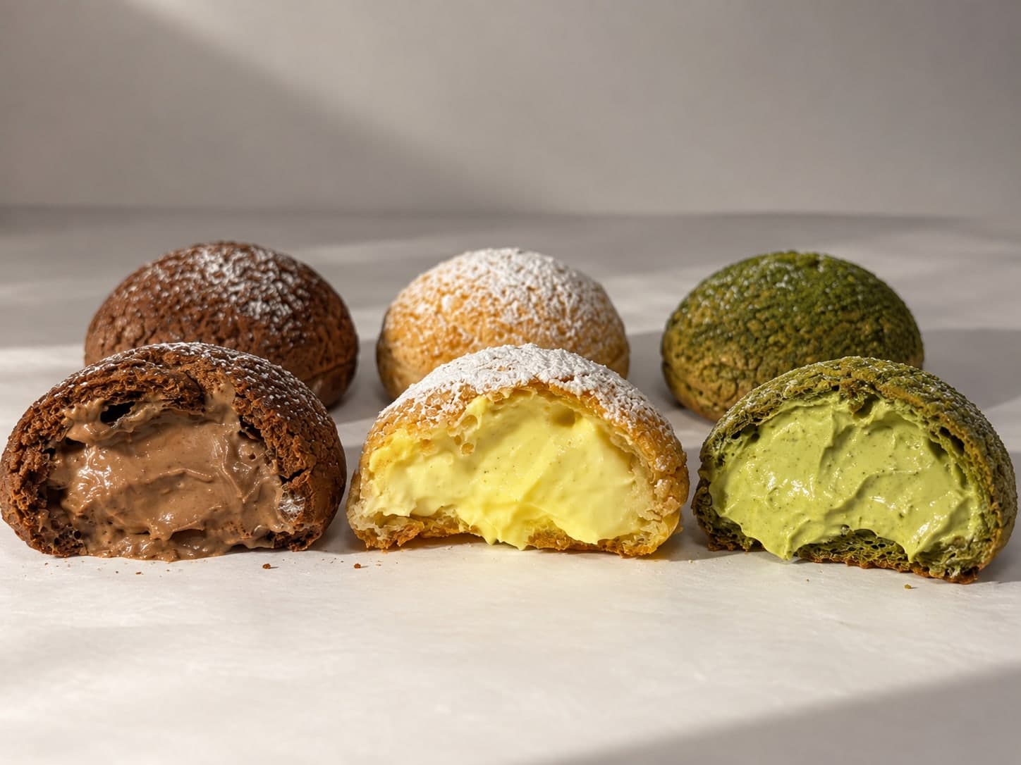 Six cream puffs in a row — chocolate, vanilla and matcha — with the front three split open to show the cream inside.